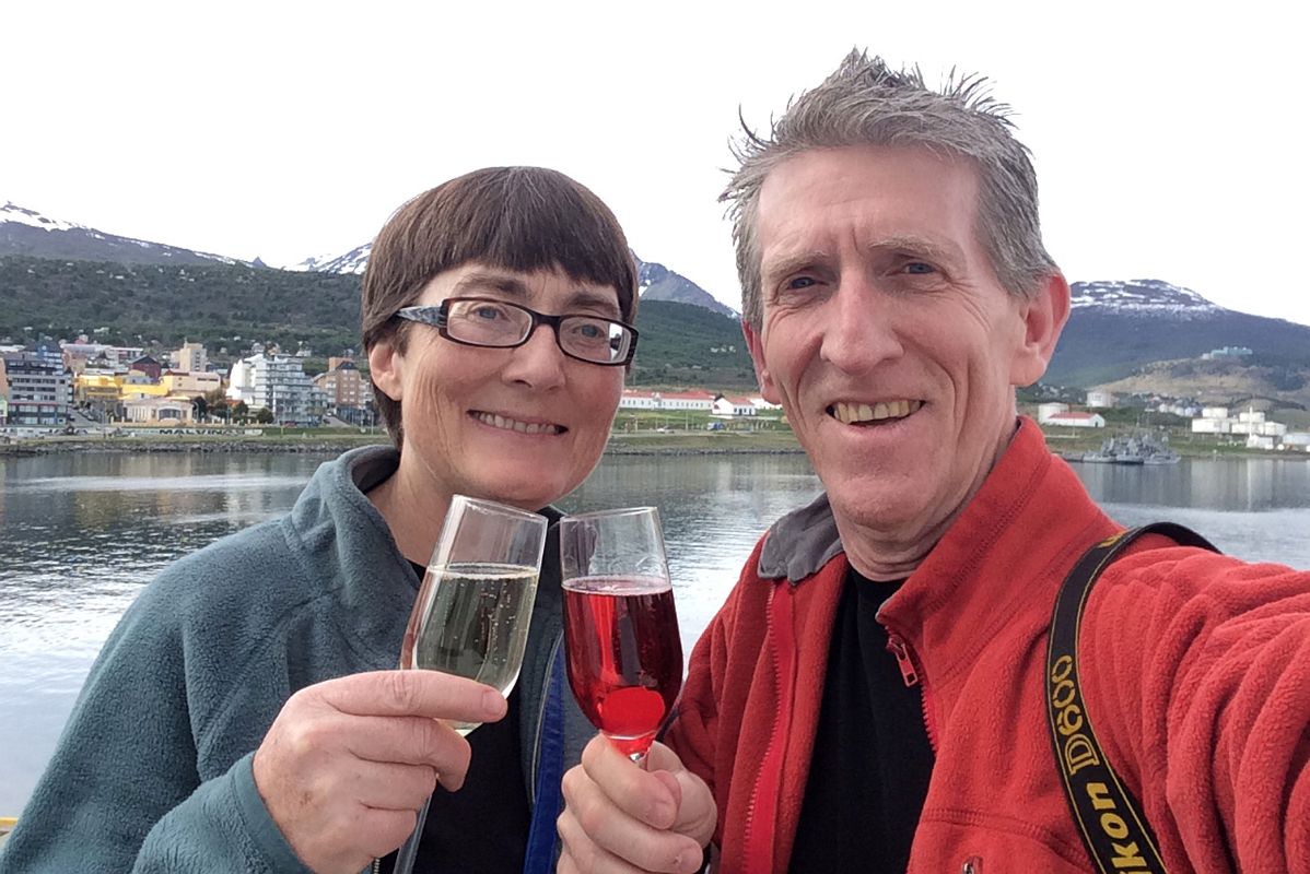 00B Enjoying A Welcome On Board Drink On The Quark Expeditions Ocean Endeavour Cruise Ship Docked At The Pier At Ushuaia Downtown